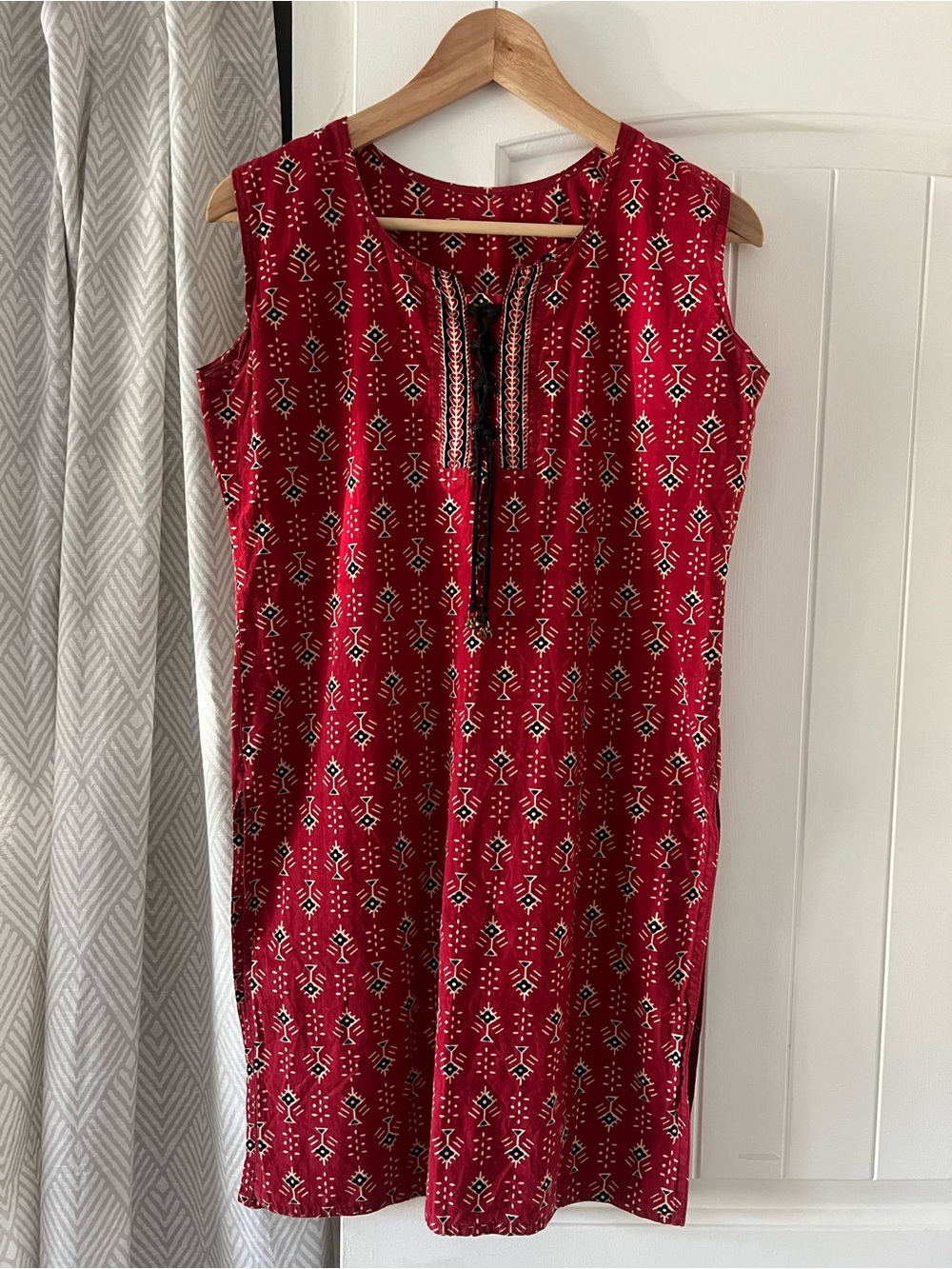 Sleeveless Red Printed Lace Up Shift Tunic Dress Shirt Small